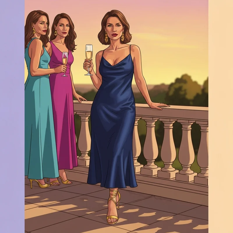 A stylish woman wearing a navy blue wedding guest dress and gold accessories at a formal event.