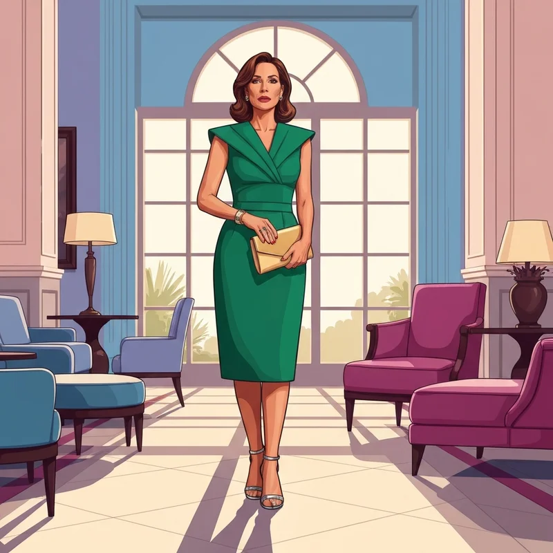 A woman wearing one of the most elegant knee length dresses for wedding guests in a luxury setting.