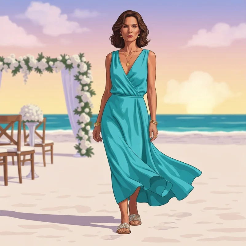 A woman wearing one of the best beach wedding guest dresses for a tropical destination, showcasing coastal chic style and practical footwear.