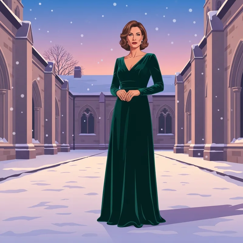A stylish woman wearing a stunning guest winter wedding dress in emerald velvet standing in a snowy courtyard.