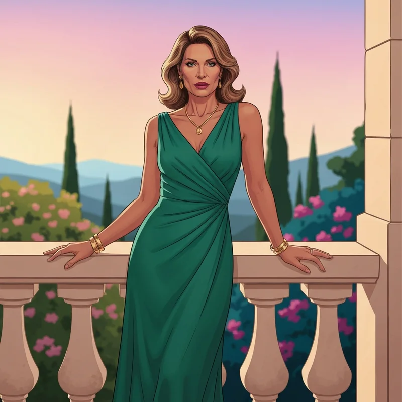 A woman wearing a stunning emerald green dress for wedding guest appearances in a luxury garden setting.