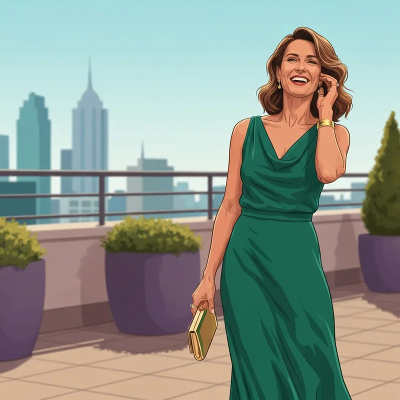 A woman wearing one of the most elegant cocktail dresses for wedding guest success at a rooftop event.