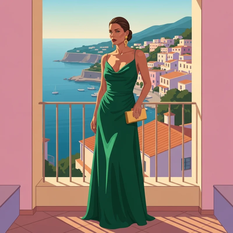 A woman wearing one of the most popular windsor wedding guest dresses in a jewel-tone green, styled for a formal destination wedding.