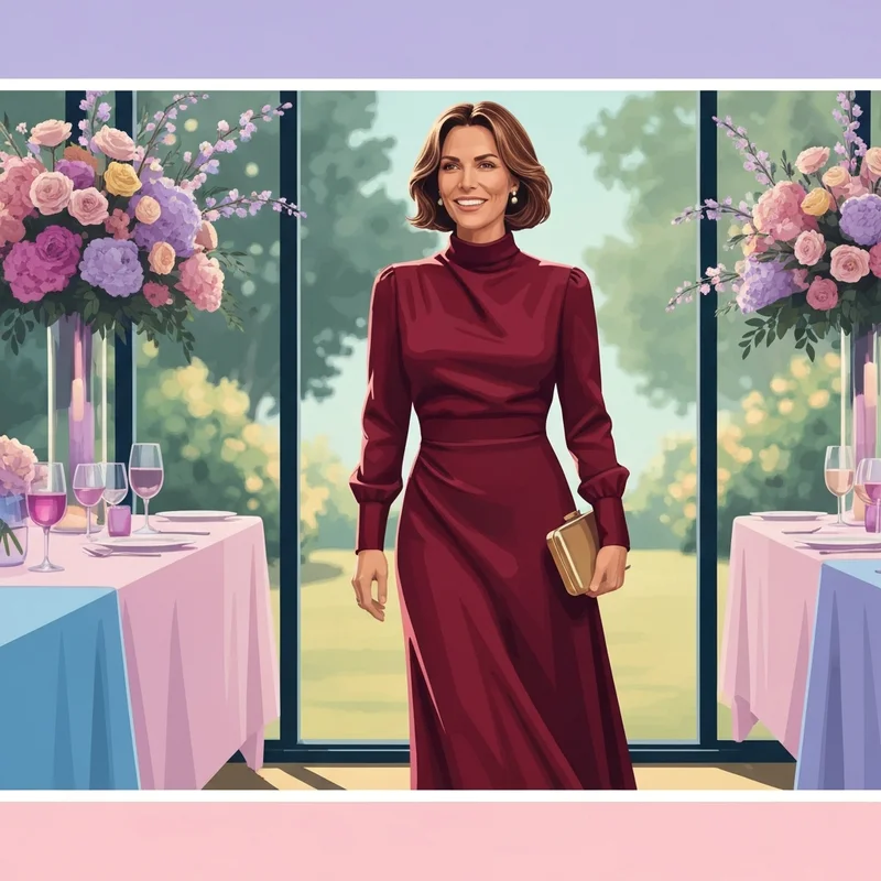 A woman wearing a sophisticated burgundy red wedding guest dress standing in a garden wedding setting.