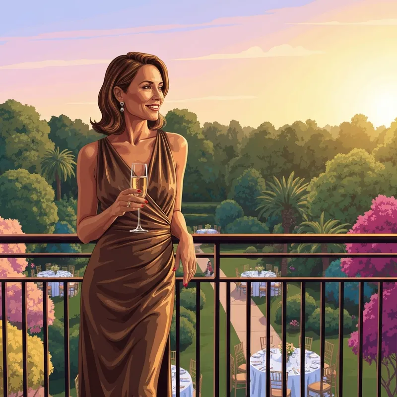 A woman wearing an elegant bronze gold dress for wedding guest attendance at a garden ceremony.