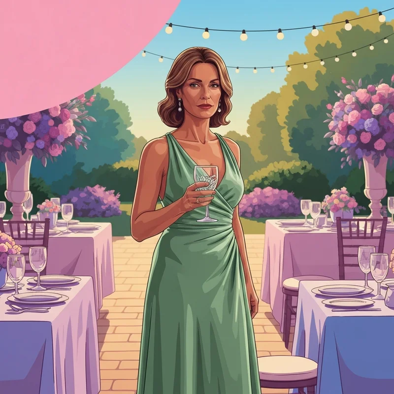 A woman wearing an elegant off the shoulder dress for wedding guest attendance in a sunny garden setting.