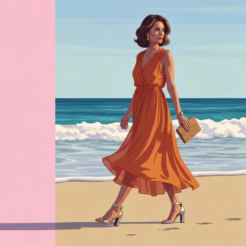 A woman wearing one of the best beach wedding dresses for guests at a sunset seaside ceremony.