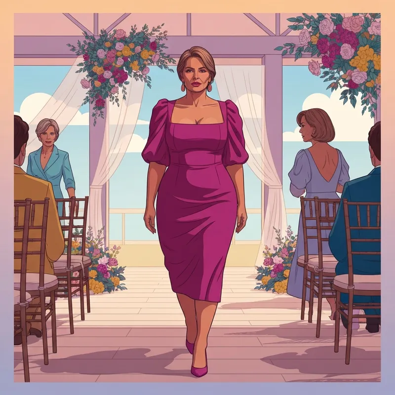 A stylish woman in a vibrant magenta dress showcasing trendy plus size dresses for wedding guest fashion.