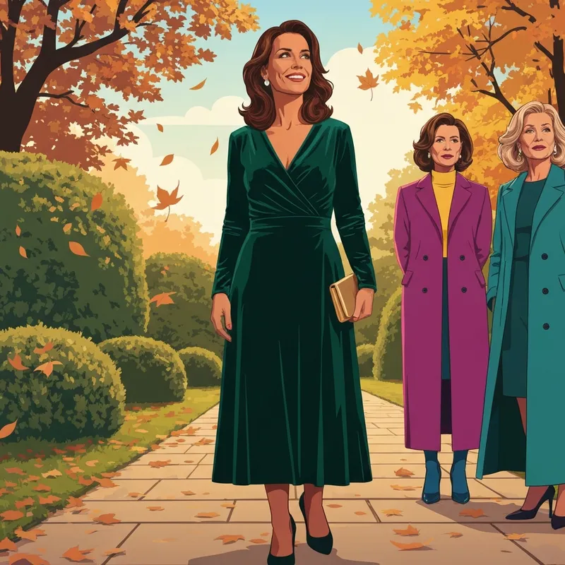 A woman wearing a sophisticated emerald velvet dress for fall wedding guest appearances in a seasonal garden.