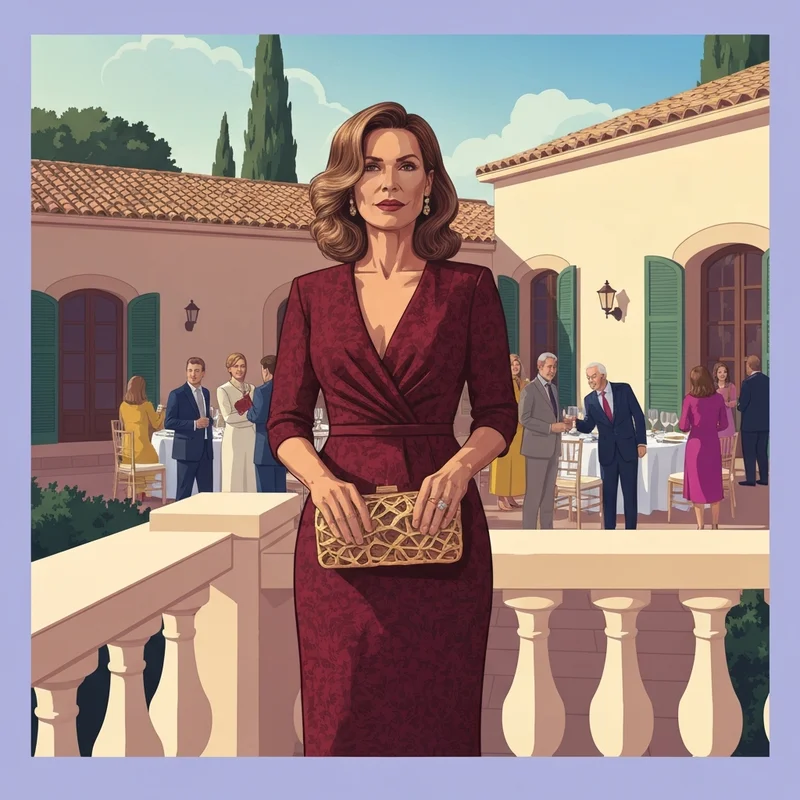 A woman wearing a sophisticated maroon wedding guest dress at a luxury outdoor ceremony.