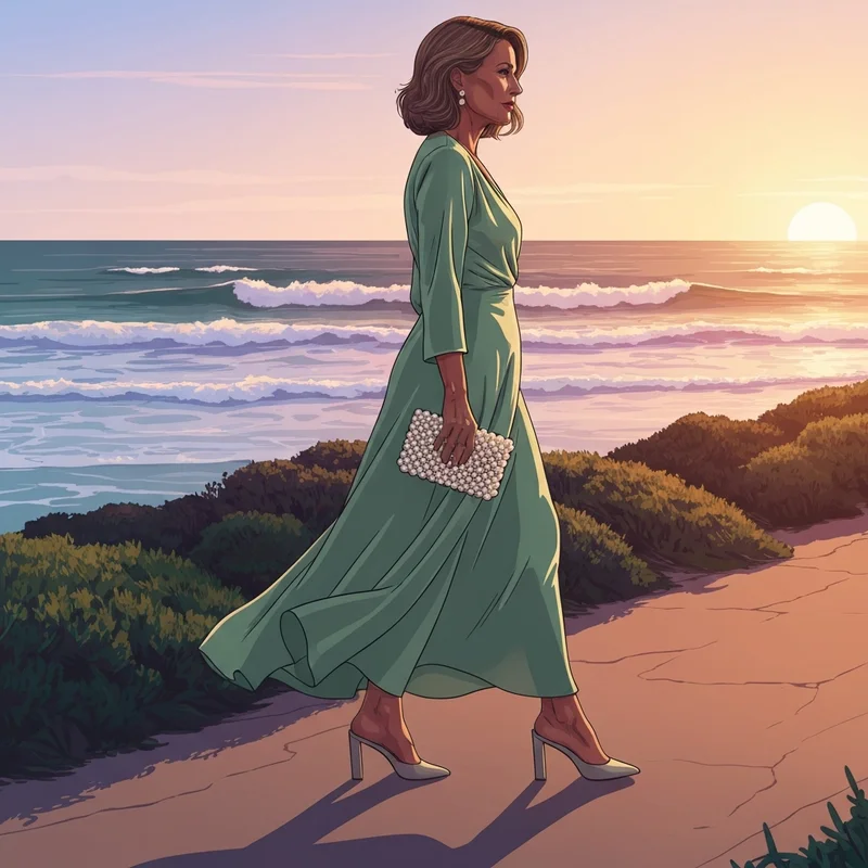 A woman wearing one of the most elegant beach formal wedding guest dresses while walking on a coastal path at sunset.