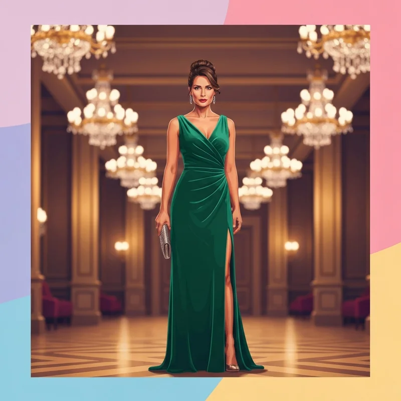 A woman wearing a stunning emerald green black tie wedding guest dress in a luxury ballroom setting.