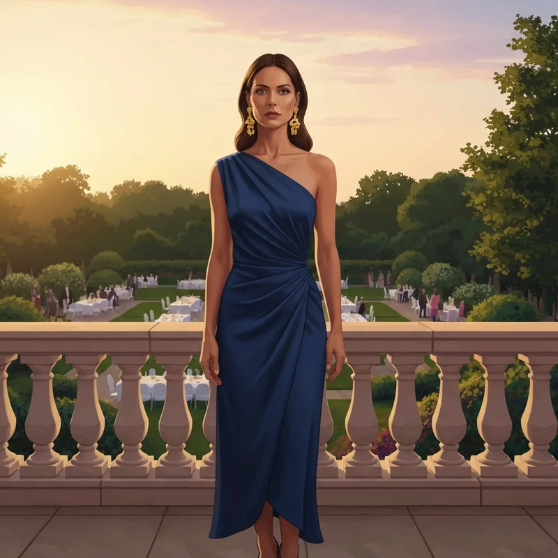 A woman wearing one of the best navy blue dresses for wedding guest occasions, featuring a modern satin silhouette and gold accessories.