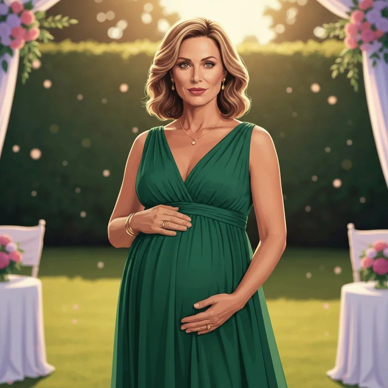 A woman wearing one of the best maternity dresses to wear to a wedding as a guest in a garden setting.
