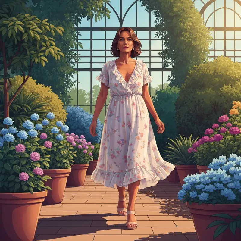 A woman wearing a stylish garden party wedding guest dress in a sunlit botanical garden.