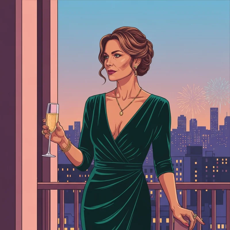 A woman wearing a stunning emerald green nye wedding guest dress celebrating on a balcony.
