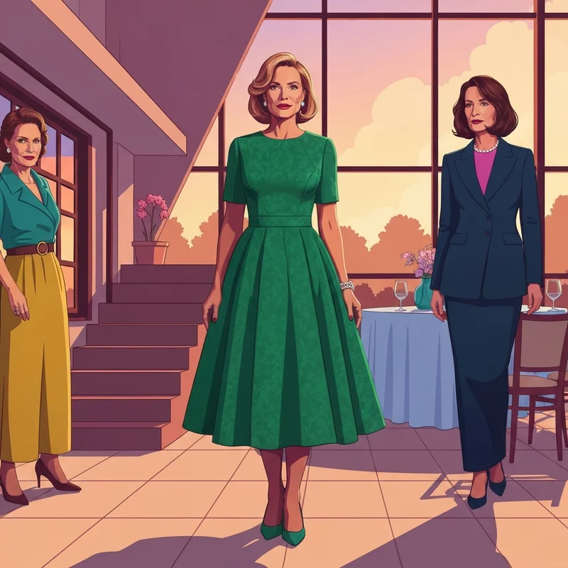 A woman wearing one of the most elegant wedding guest tea length dresses at a garden ceremony.