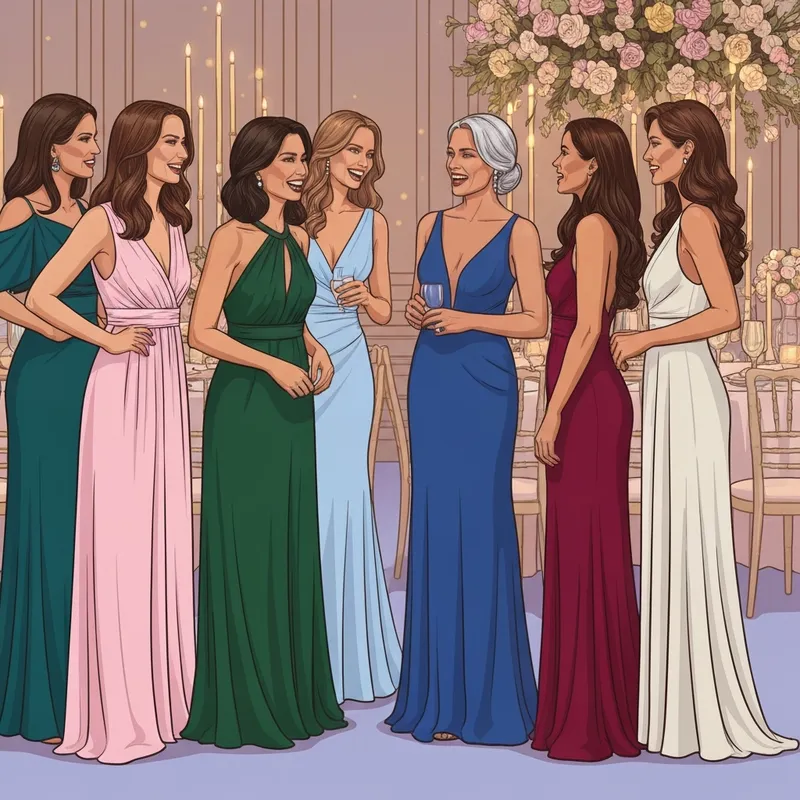 Women wearing formal wedding guest dresses plus size at a luxury event