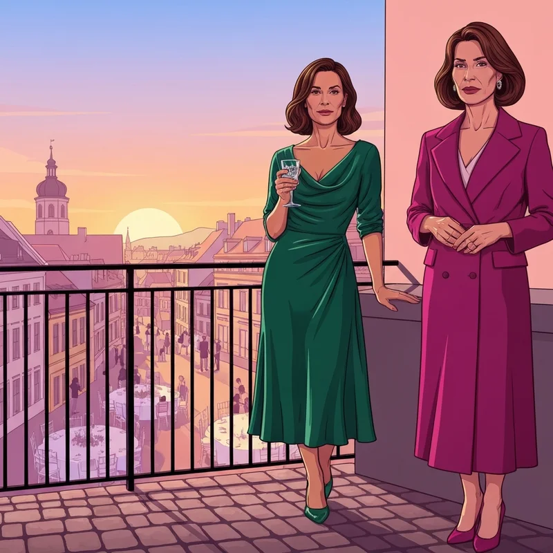 A stylish woman wearing a cocktail wedding guest dress at an elegant evening venue.