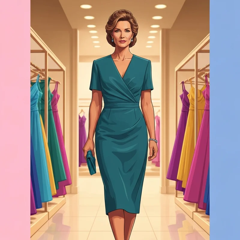 A woman shopping for dillard's wedding dresses for guests in a luxury retail setting.