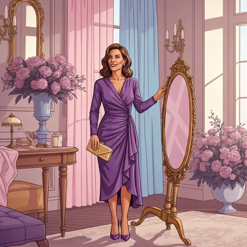 A stylish woman wearing a purple wedding guest dress with gold accessories in a luxury setting.