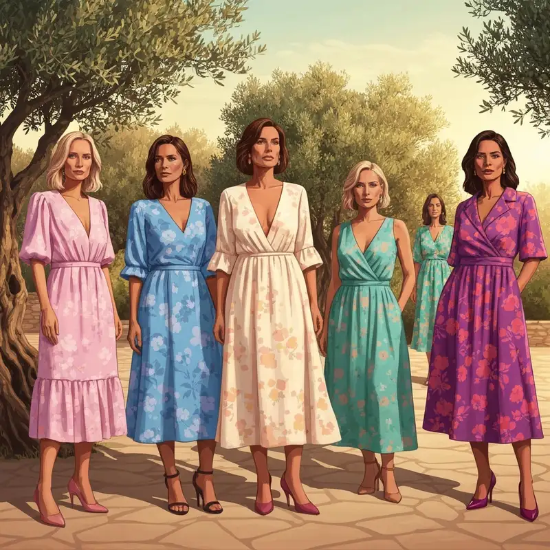 A group of women wearing elegant wedding guest dresses summer in a sun-lit garden setting.