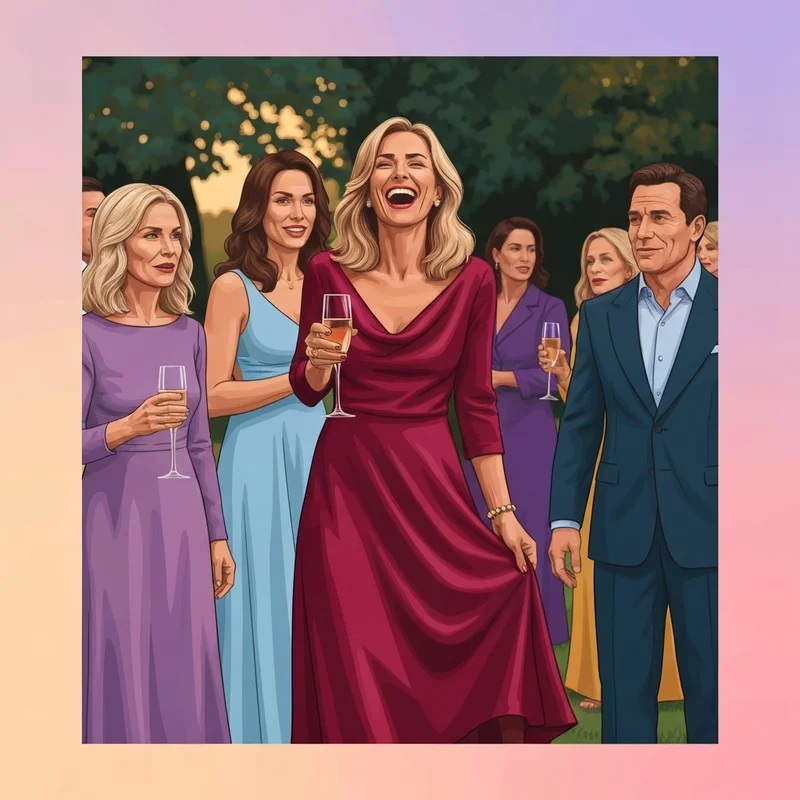 A woman wearing one of the most elegant red wedding guest dresses at a summer garden ceremony.