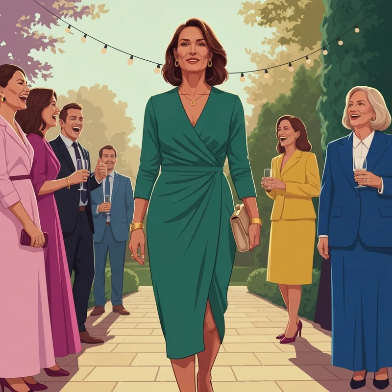 A woman wearing one of the best cheap dresses wedding guest options, looking expensive in an emerald green gown at a garden ceremony.