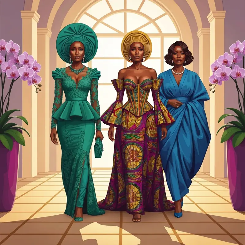 Three stylish women wearing elegant african wedding dresses for guests at a traditional celebration.