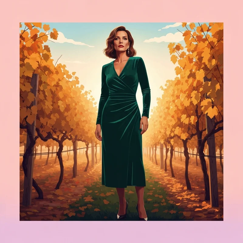 A woman wearing one of the best dresses for a fall wedding guest in a vineyard setting.