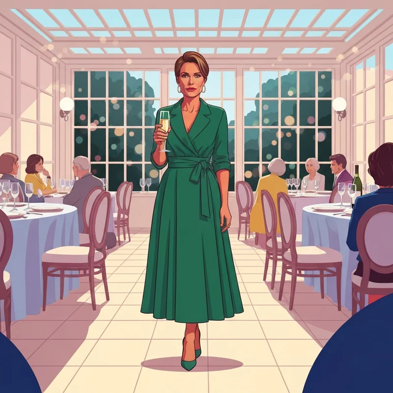 A woman wearing a sophisticated fit and flare midi dress for wedding guest attendance at a garden venue.