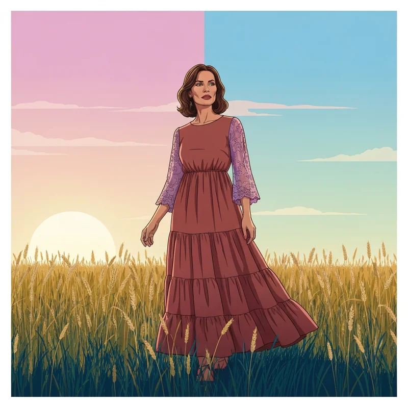 A woman modeling one of the most popular boho dresses for wedding guest events in a rustic field.