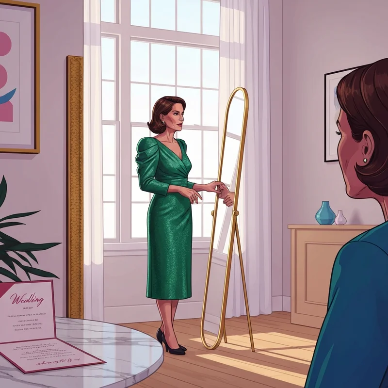 A woman admiring her choice of cocktail attire wedding guest dresses in a mirror.