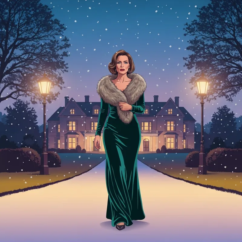 Elegant guest wearing one of the best wedding guest dresses for winter wedding in a snowy setting.