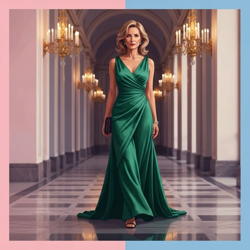 A woman wearing a luxury wedding guest dress black tie gown in a formal setting.