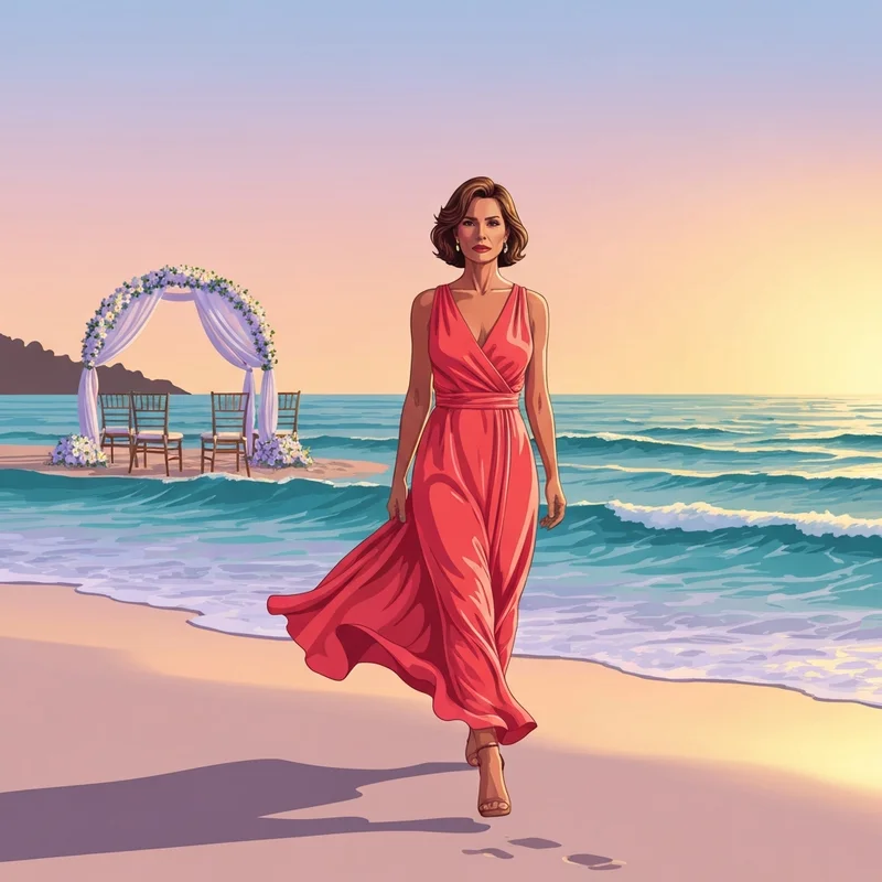 A woman wearing one of the best dresses for beach wedding guest options standing on a sunset shore.