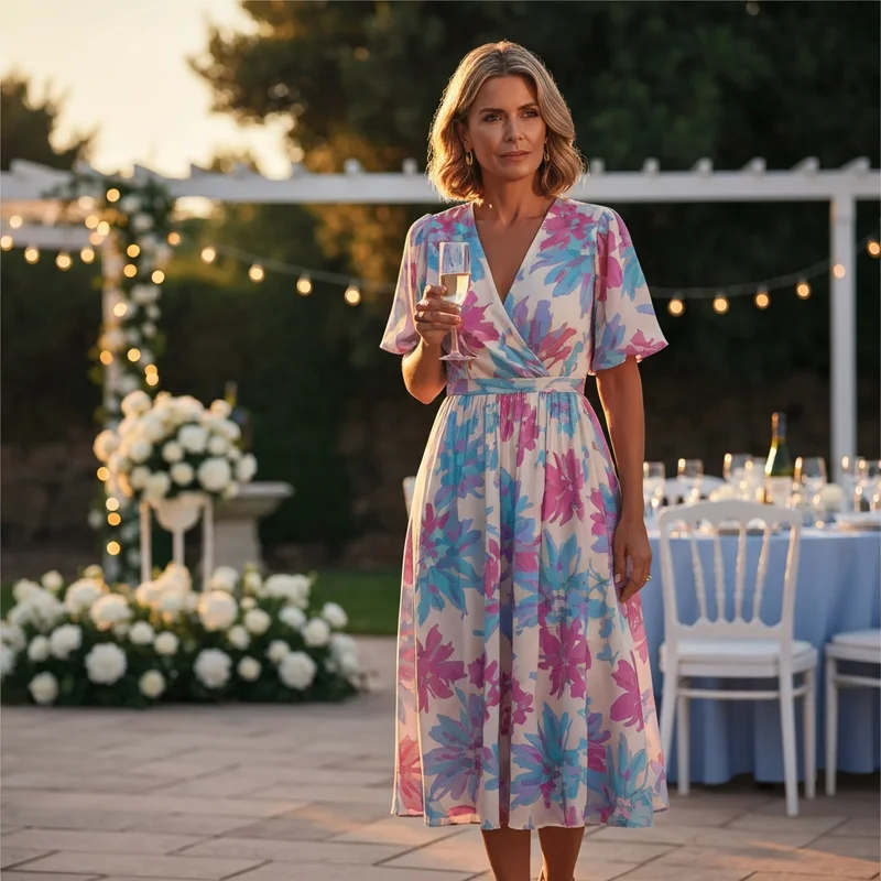 A woman wearing one of the best wedding guest dresses for summer at an outdoor garden reception.