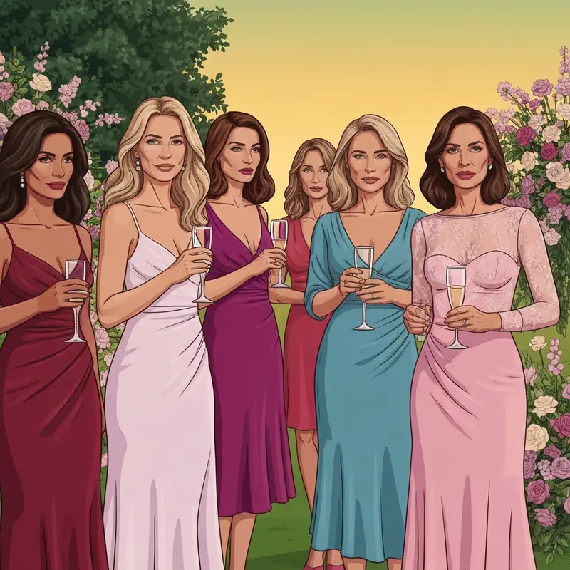 Sophisticated women wearing elegant cocktail wedding guest dresses at a garden reception.