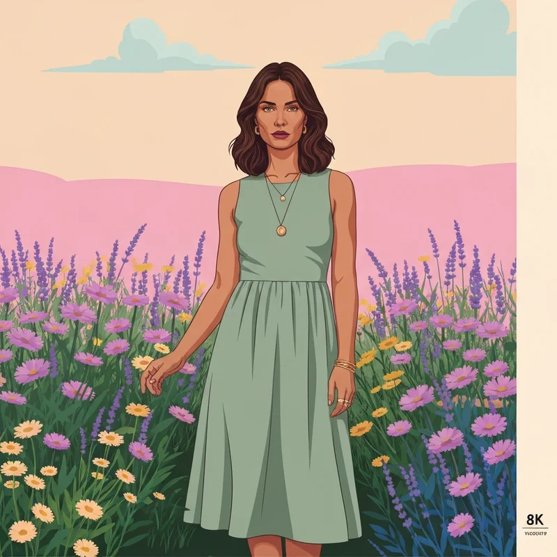 A woman wearing one of many casual dresses for a wedding guest in a beautiful garden setting.