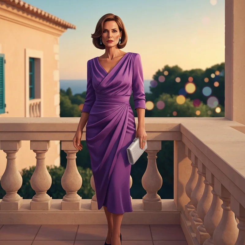 A woman wearing a sophisticated violet wedding guest dress at a sunset ceremony.