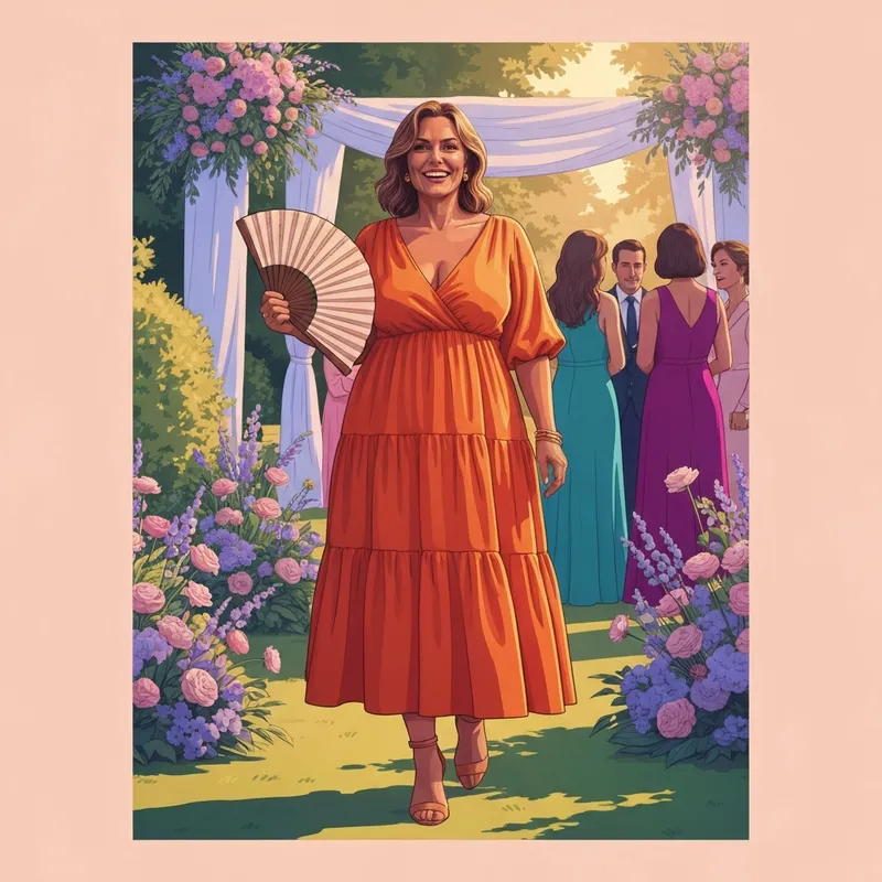 A woman wearing one of the best plus size wedding guest dresses for summer in a garden setting.