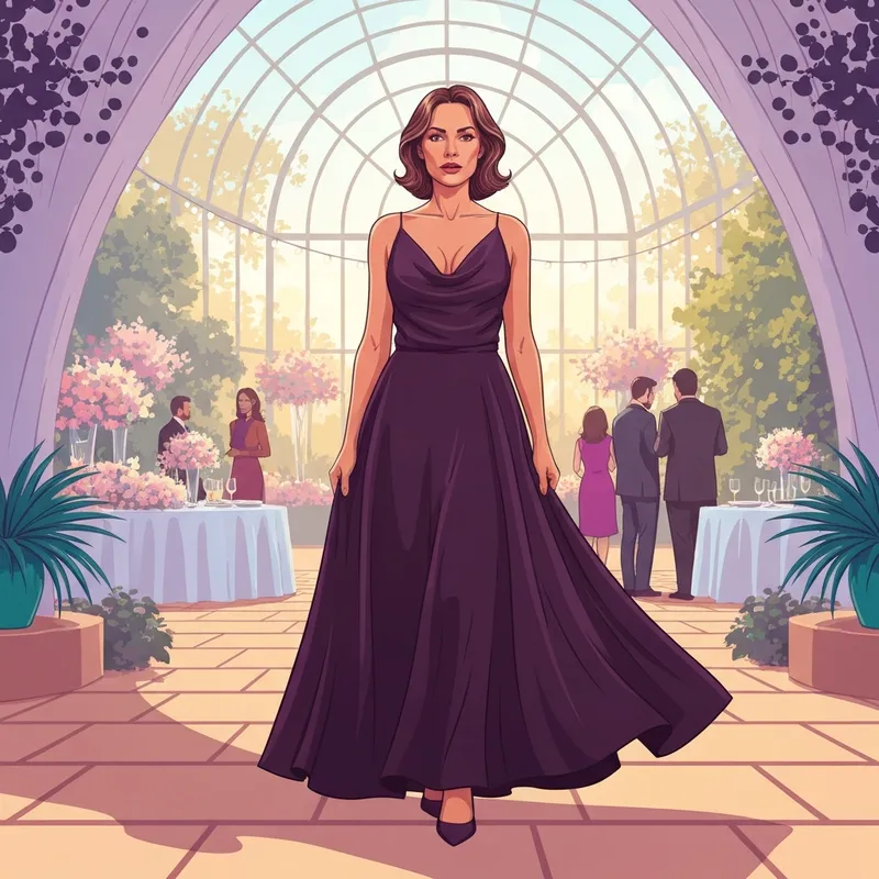 A woman wearing one of the most stylish purple wedding guest dresses in a garden setting.