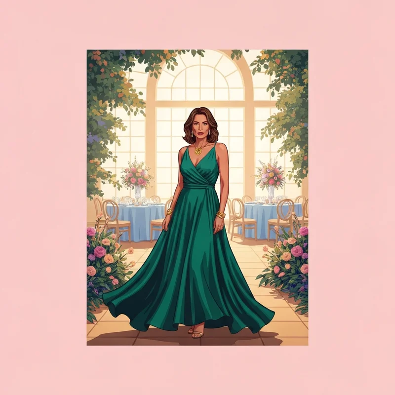 A woman wearing an elegant emerald green dress for wedding guest attendance in a garden setting.