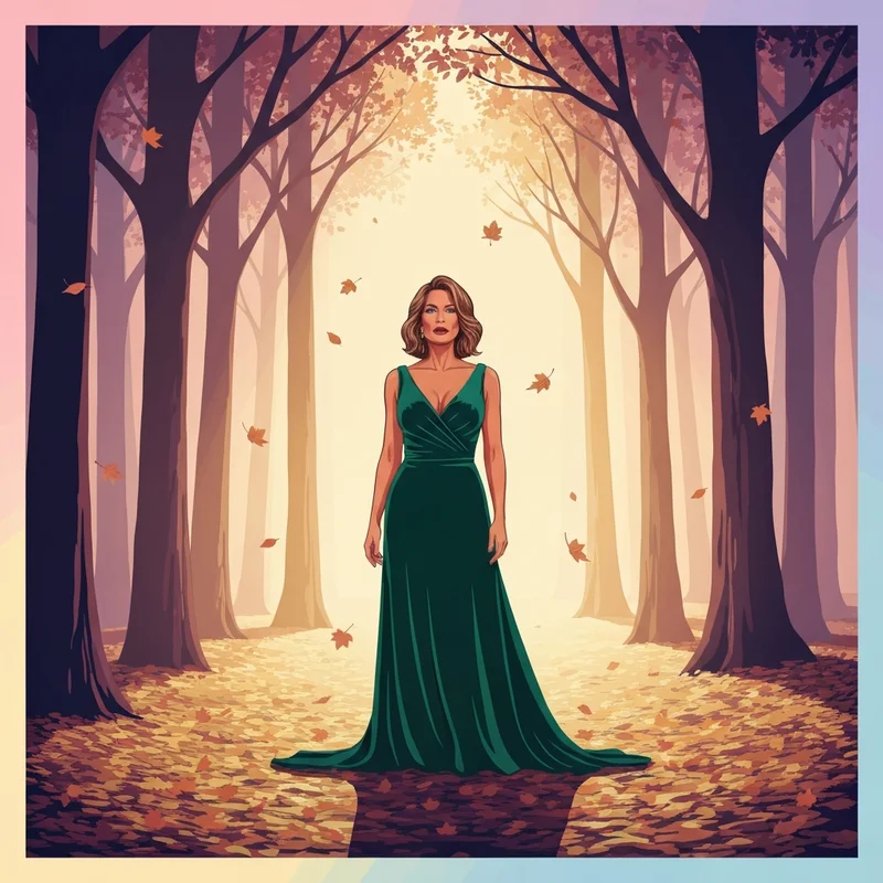 A woman elegantly dressed in one of the most popular fall wedding guest dresses in emerald velvet standing in an autumn forest.