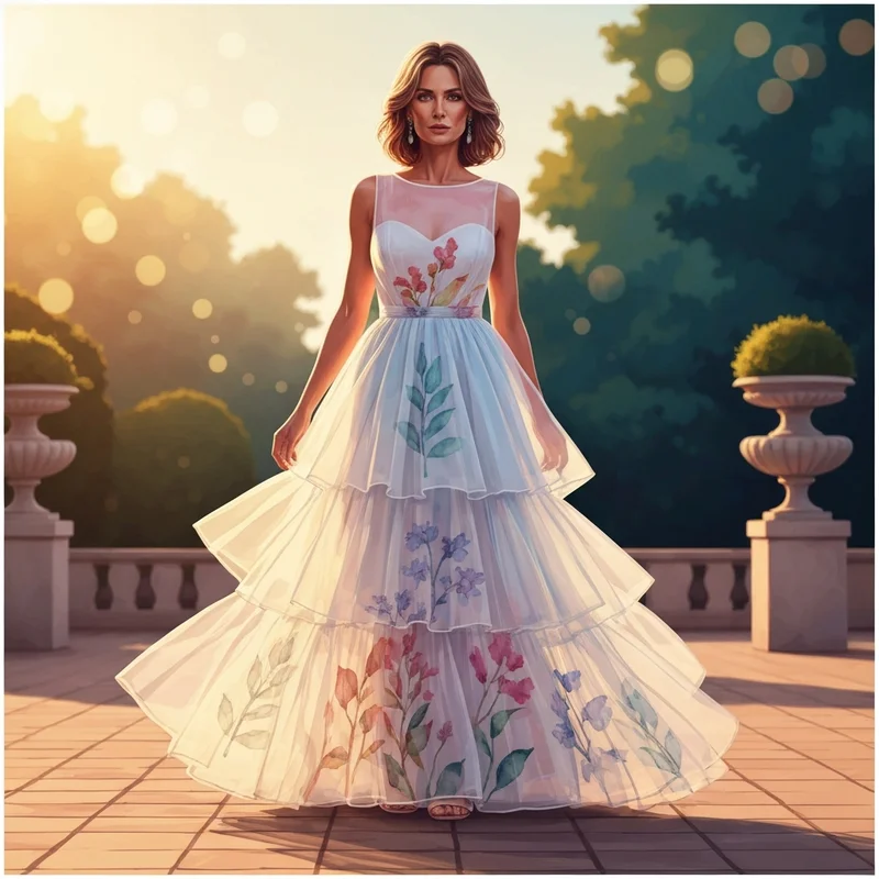 A woman elegantly posing in one of the many stylish chiffon dresses for wedding guest available for the summer season.