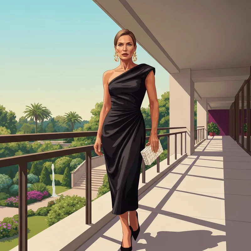 A woman wearing elegant black dresses for wedding guests at a sophisticated outdoor reception.