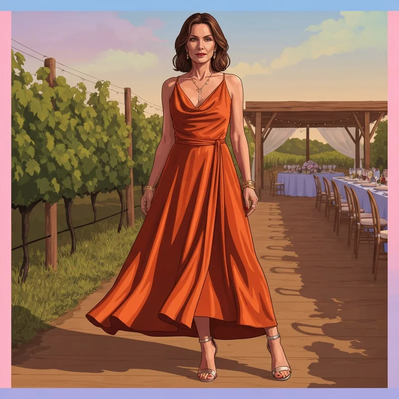 A woman wearing a sophisticated burnt orange wedding guest dress at a golden hour ceremony.