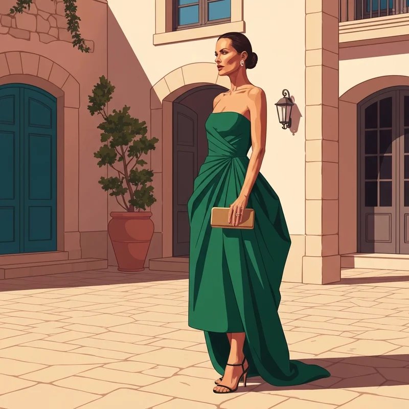 A woman wearing one of many elegant but cheap wedding guest dresses in a luxury setting.