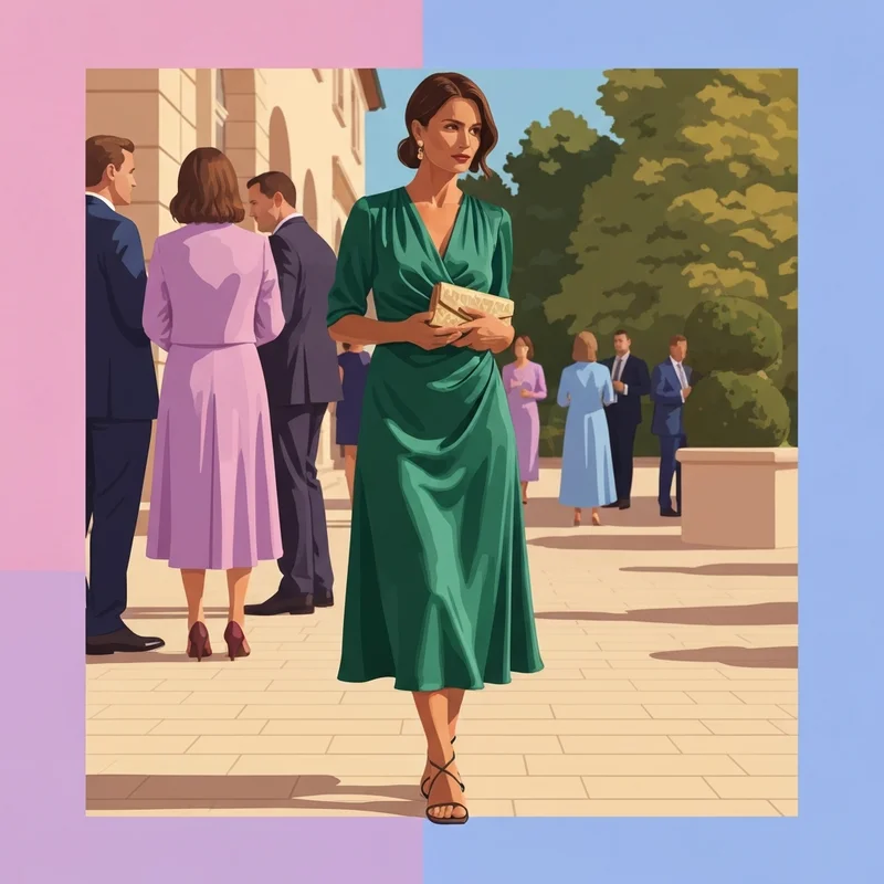 A woman wearing one of the best midi dresses for wedding guest at a garden ceremony.