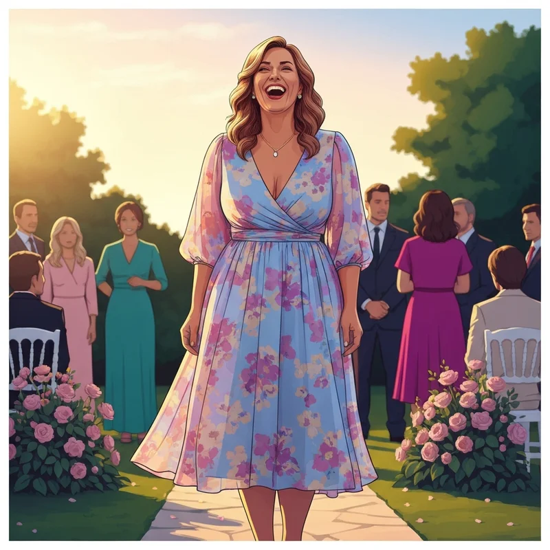 A woman wearing one of the best plus size summer wedding guest dresses at an outdoor garden party during sunset.